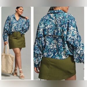 Anthropologie PILCRO Batwing Oversized Cropped Blouse Blue Print Size 2X